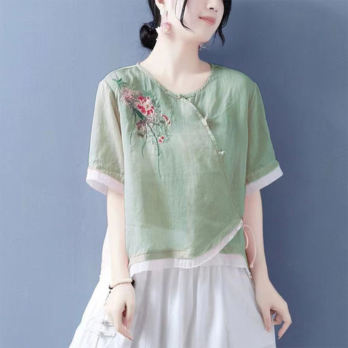 新中式上衣女夏季2025新款覆古设计感民族风刺绣棉麻盘扣半袖衬衫