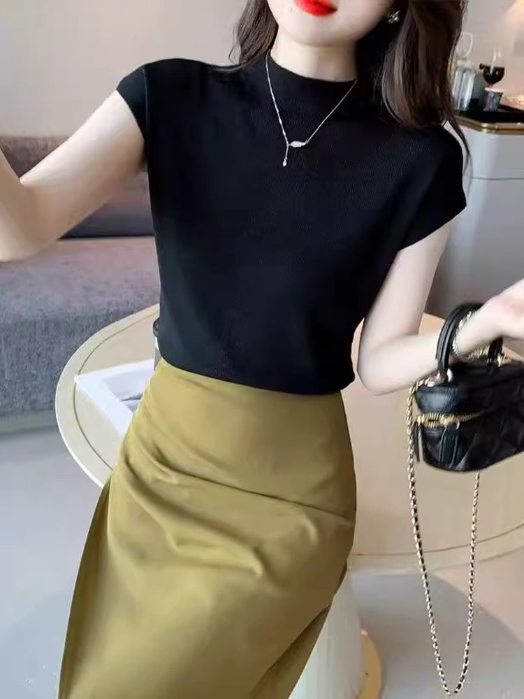 冰丝短袖t恤女夏季薄款2025年新款韩版显瘦休闲半高领针织衫上衣