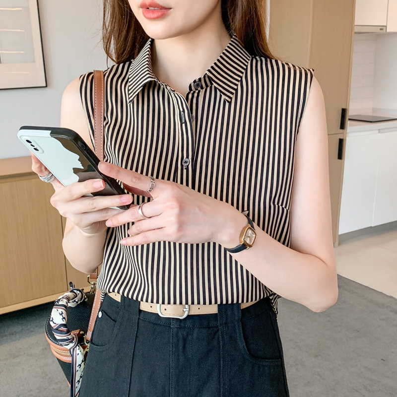 条纹衬衫女夏季2025新款法式时尚气质通勤无袖背心背心雪纺上衣潮
