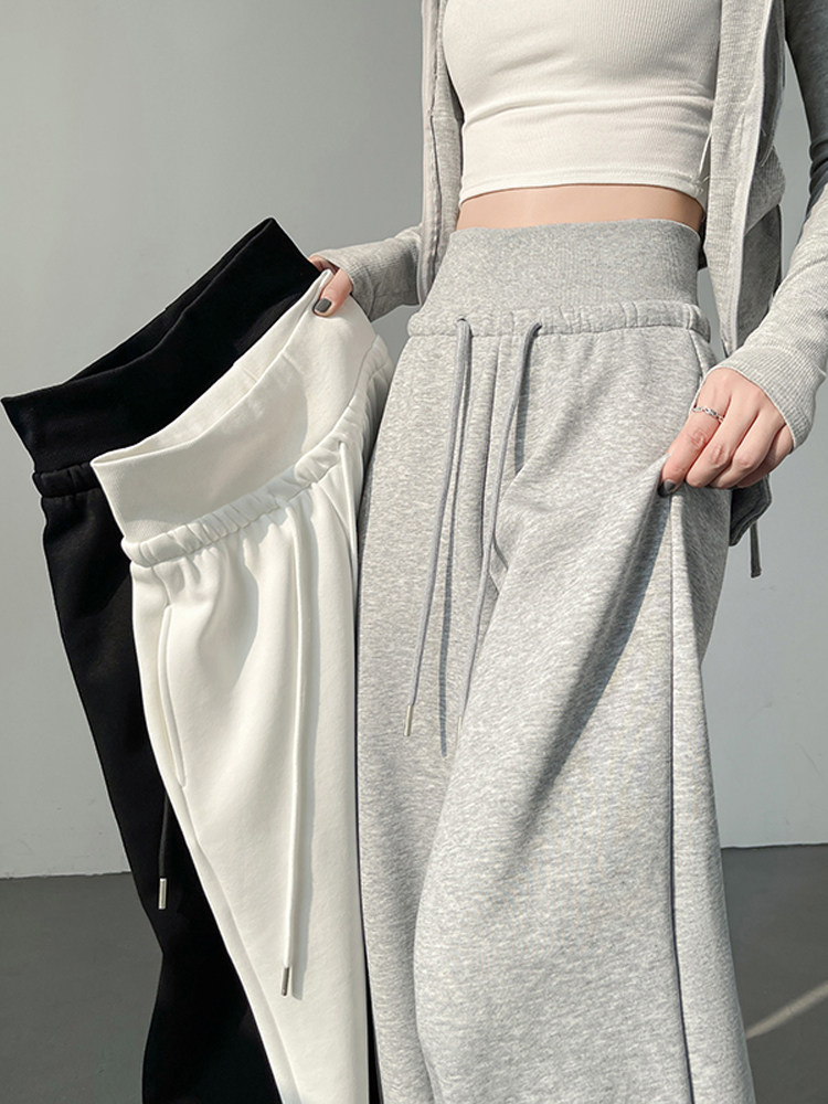 灰色阔腿裤女春秋2025新款美式高腰垂感直筒宽松运动休闲拖地卫裤