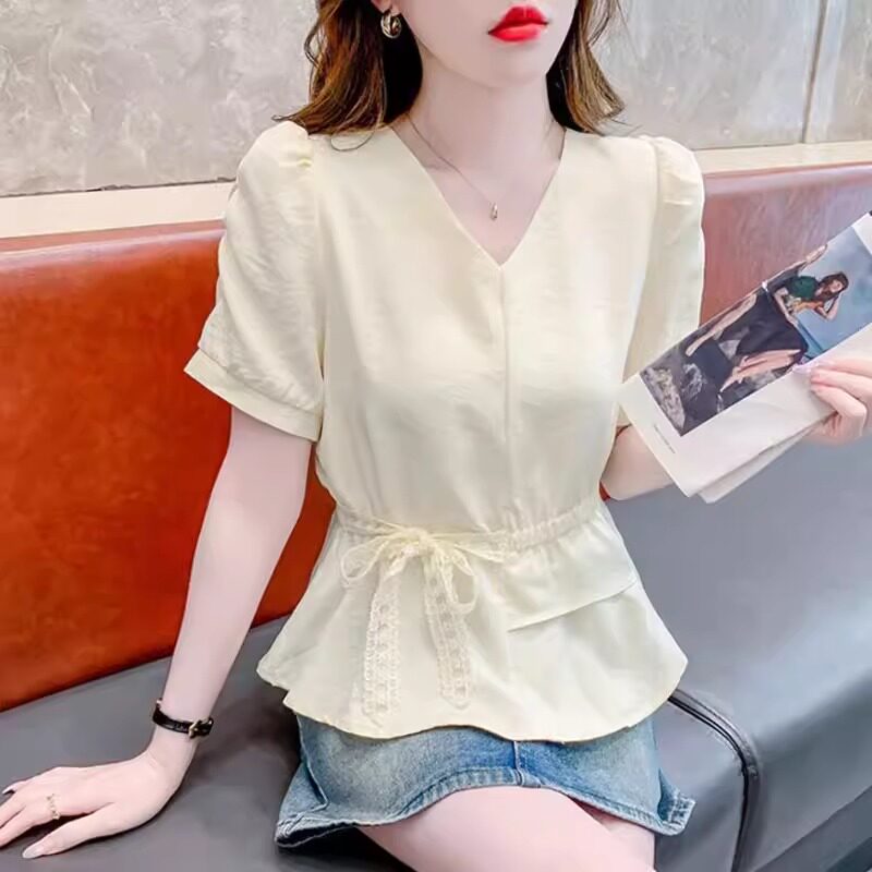 短袖衬衫女夏季薄款2026新款韩版气质减龄修身显瘦V领雪纺衫上衣