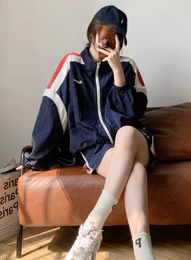 防晒服装女性夏季套装2025新美国覆古运动休闲对比色夹克短裤两件
