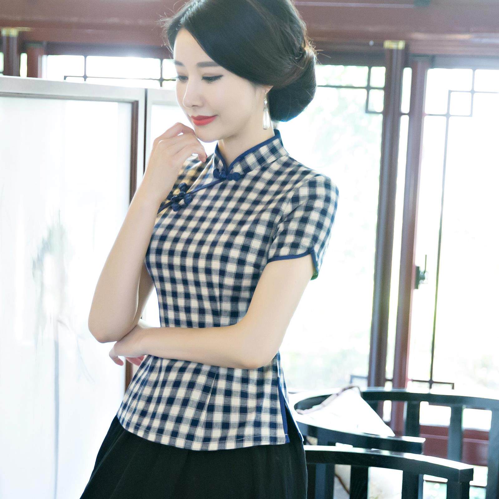 棉麻旗袍上衣短袖女夏季2023新款修身显瘦中式盘扣复古中国风唐装