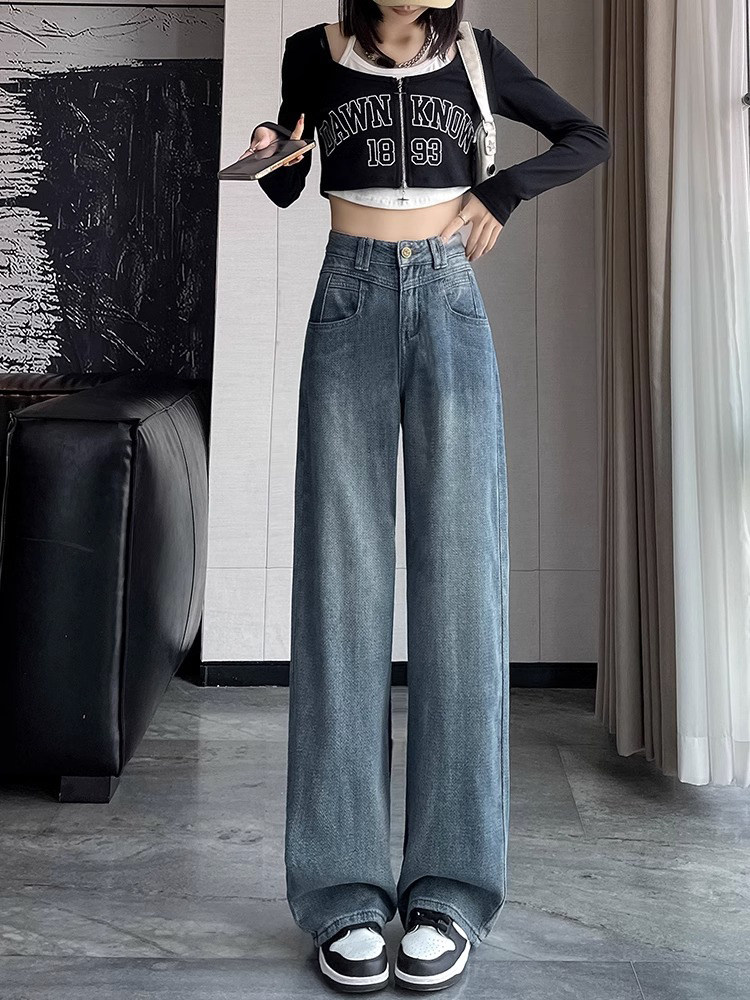 阔腿牛仔裤女春秋2025新款梨型身材鱼鳞纹胖mm高腰显瘦宽松垂感裤
