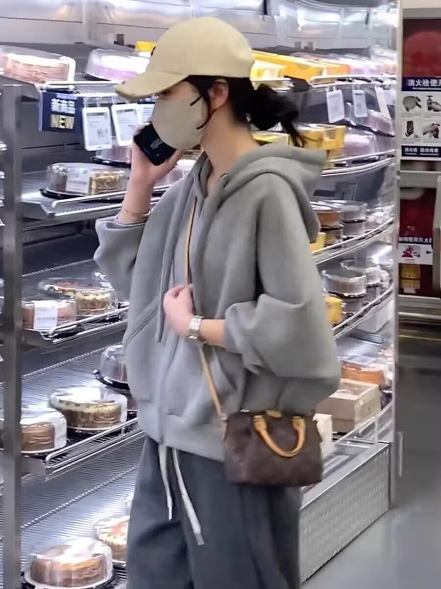 连帽卫衣外套女春秋2025新款宽松短款小个子休闲双拉炼开衫上衣潮