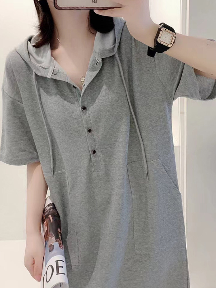 连衣裙女夏季2025新款韩版宽松洋气中长款连帽薄款纯棉短袖T恤裙