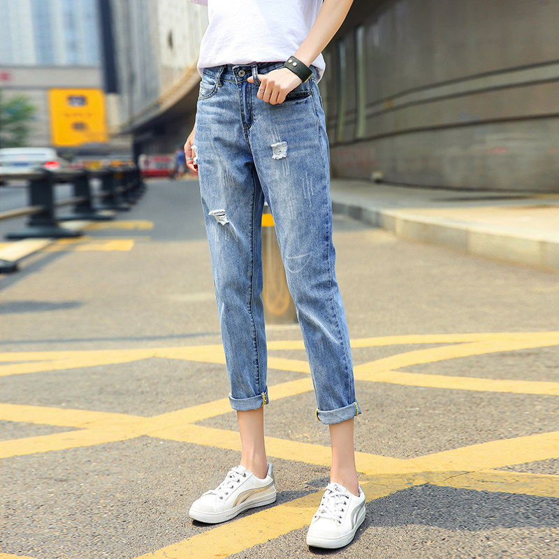 破洞牛仔裤女夏季2025新款宽松直筒高腰显瘦九分薄款哈伦老爹裤子