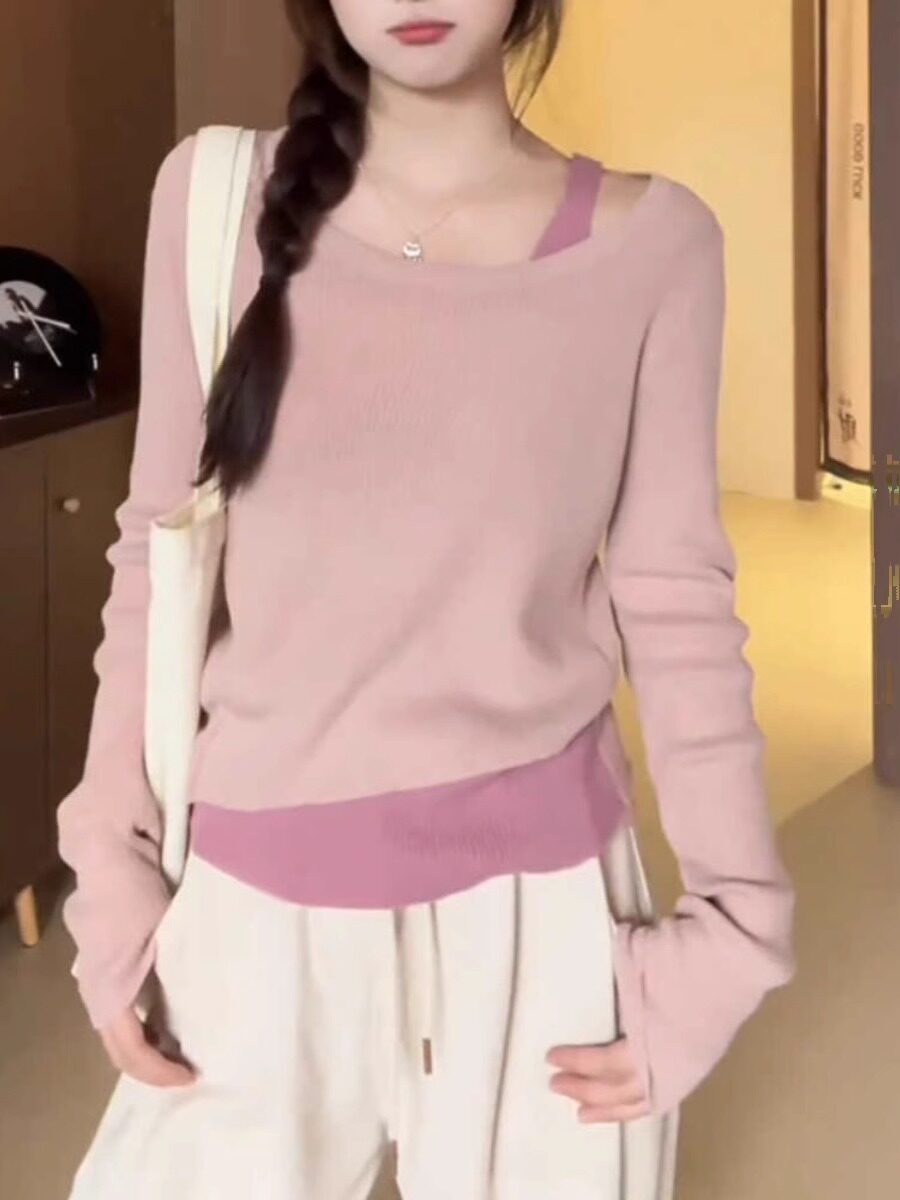 粉色针织衫女春秋薄款2025年新款套头长袖假两件修身内搭打底上衣