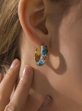 Vintage Enamel Flower Small Hoop Earrings TrYILendy Geometri