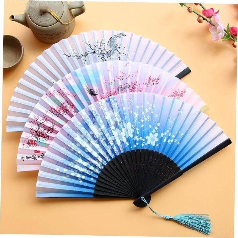 Vintage Silk Folding Fan Retro Chinese Japanese Bamboo Hand