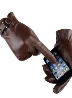 winter glove pu leather phone screen touch men gloves