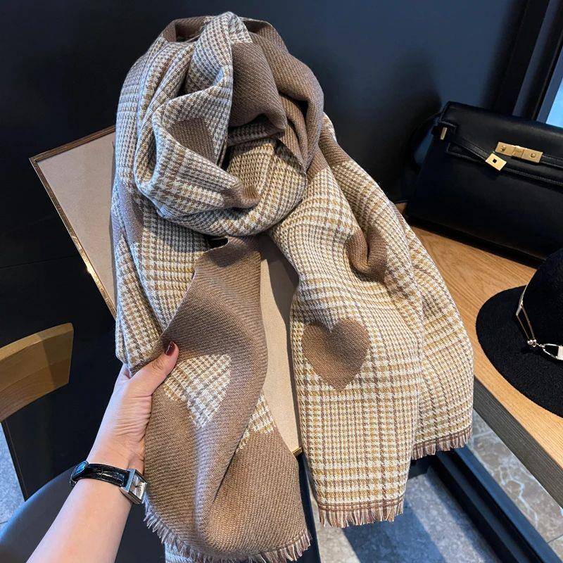 Double Side Cashmere Scarf Autumn Winter Women's Love Heart