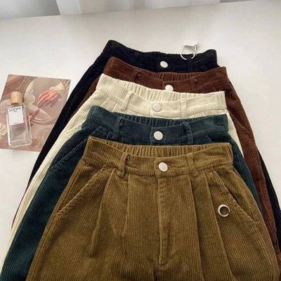 Retro High Waist Corduroy Pants Women Spring Fall Straight C