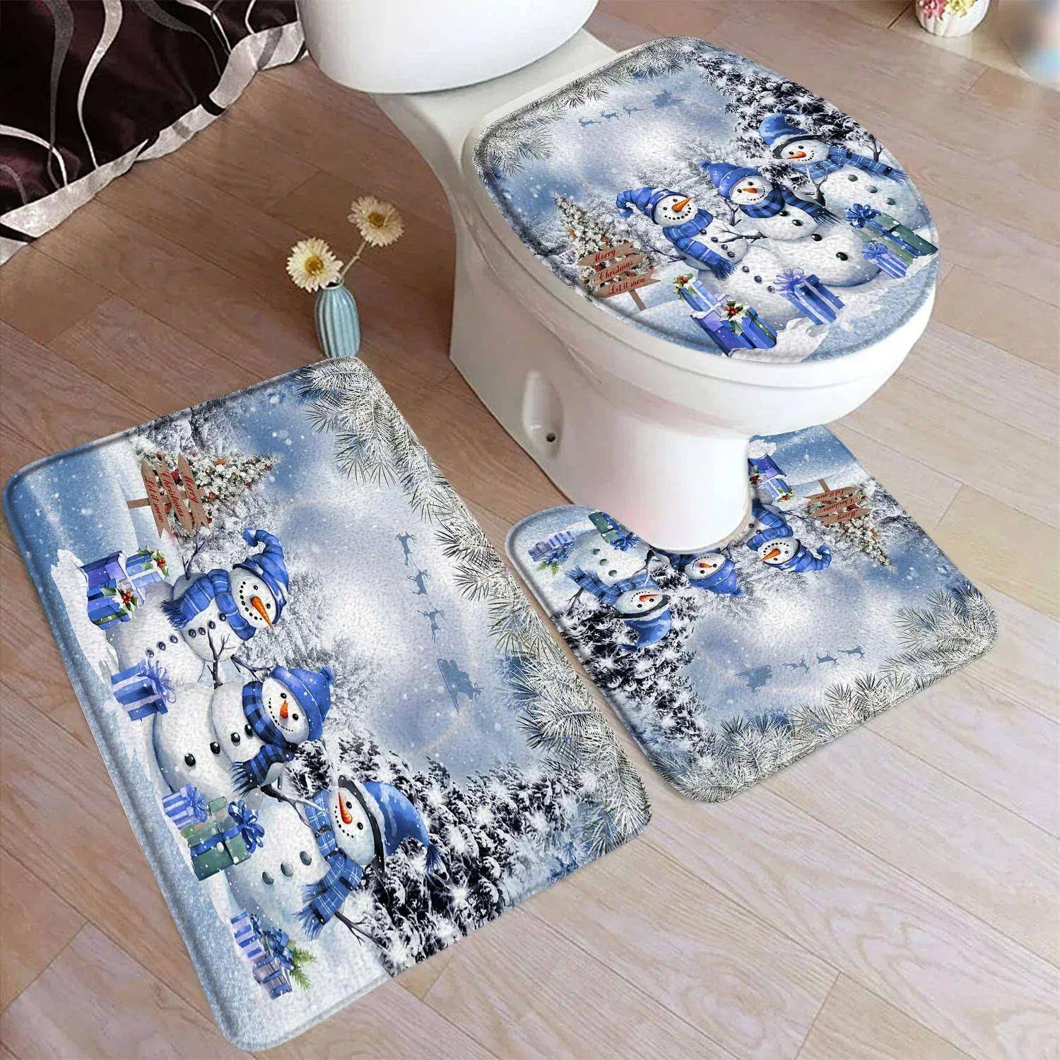 Red Christmas Bath Mat Set Santa Claus Reindeer Stars Winter