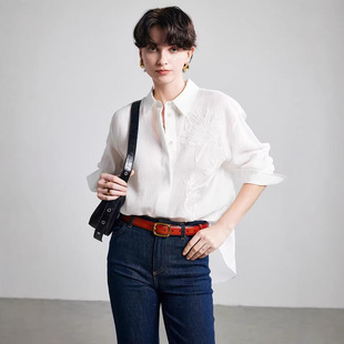 100%苎麻2026年春夏新款长袖宽松廓形纯色绣花极简风衬衬衫女衬衣