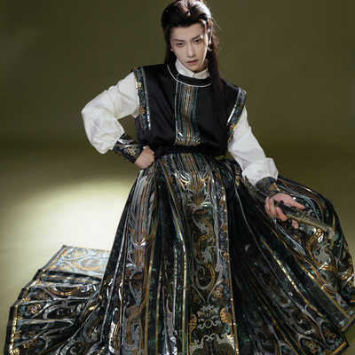 昭华赋原创错金龙凤新中式汉服男装衬衣黑金重工织金马面裙男款女