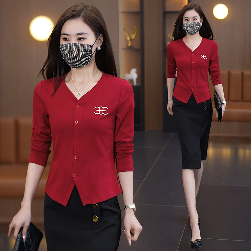 时尚V领长袖T恤女2025春秋新款小个子洋气纯棉百搭开叉上衣打底衫