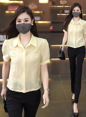 2026夏季黄色短袖衬衫女士通勤翻领洋气质显瘦减龄短款小个子衬衣