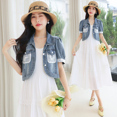 2025夏季新款时尚洋气质短款短袖牛仔外套吊带连衣裙套装裙两件套