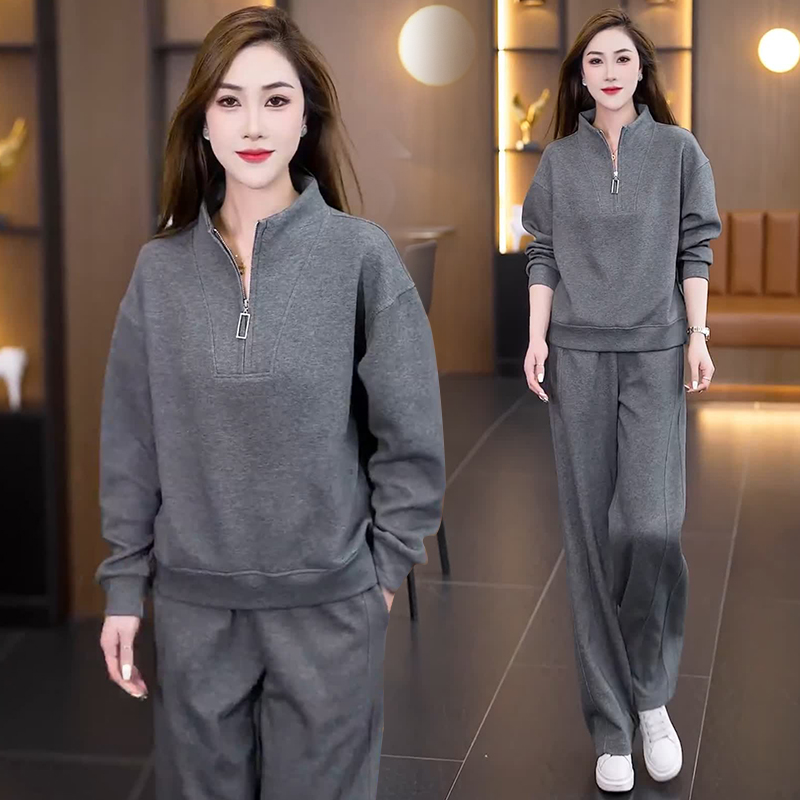 休闲立领卫衣直筒裤两件套女2025春秋新款时髦大码宽松运动服套装