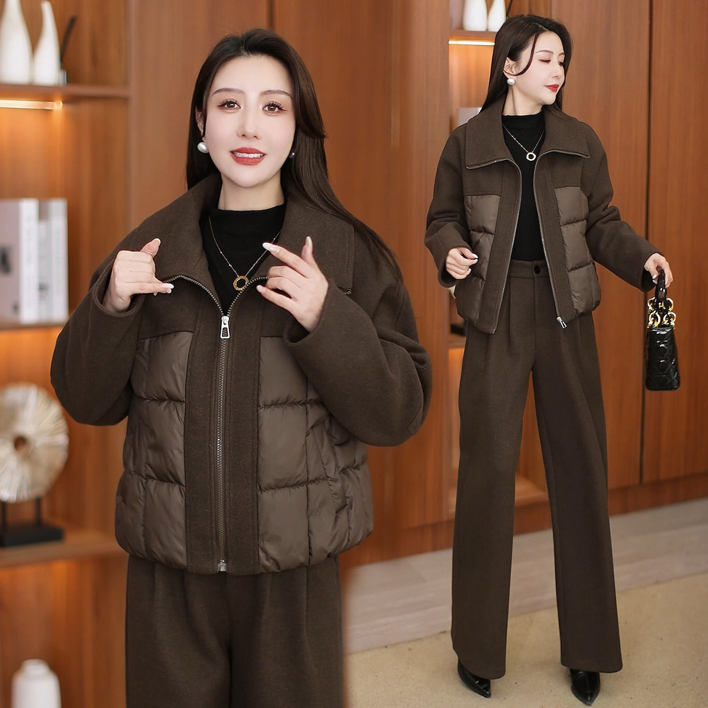 韩系时尚毛呢拼接棉服直筒裤套装女冬季加厚保暖宽松洋气质两件套,女装/女士精品,时尚套装,淘宝优惠券,粉丝福利购,淘宝优惠卷