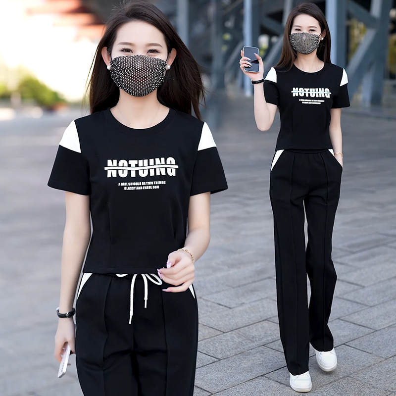 时尚休闲运动服套装女2025夏季新款洋气显瘦减龄短袖直筒裤两件套
