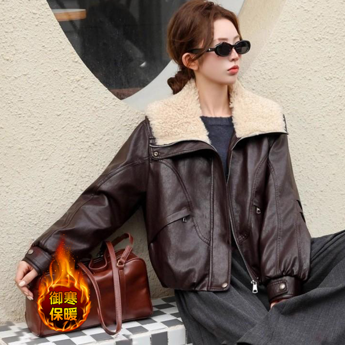 时尚休闲加绒加厚皮衣外套女冬季新款百搭保暖翻领短款皮夹克上衣