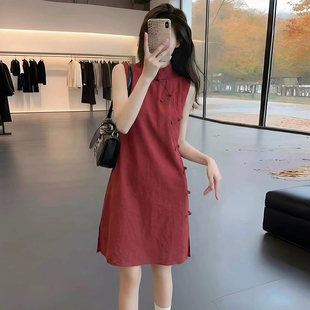 新中式国风改良旗袍连衣裙女2026夏季新款立领无袖复古盘扣小裙子