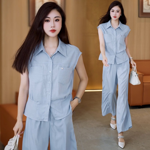 时尚洋气质收腰衬衫阔腿裤两件套女2026夏季新款韩版休闲减龄套装