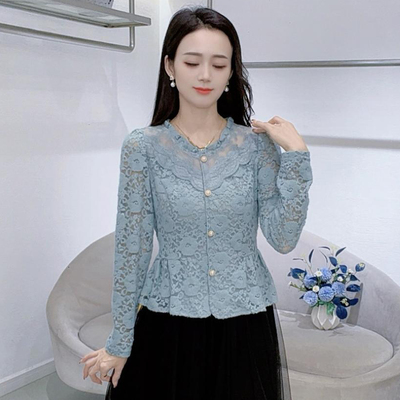 蕾丝拼接V领长袖衬衫女秋冬加绒加厚新款时尚气质收腰小个子衬衣