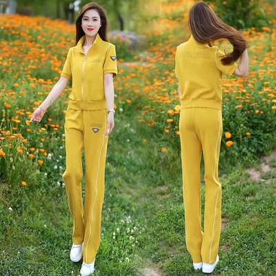 时尚休闲短袖开衫直筒裤两件套女2025夏季新款洋气减龄运动服套装
