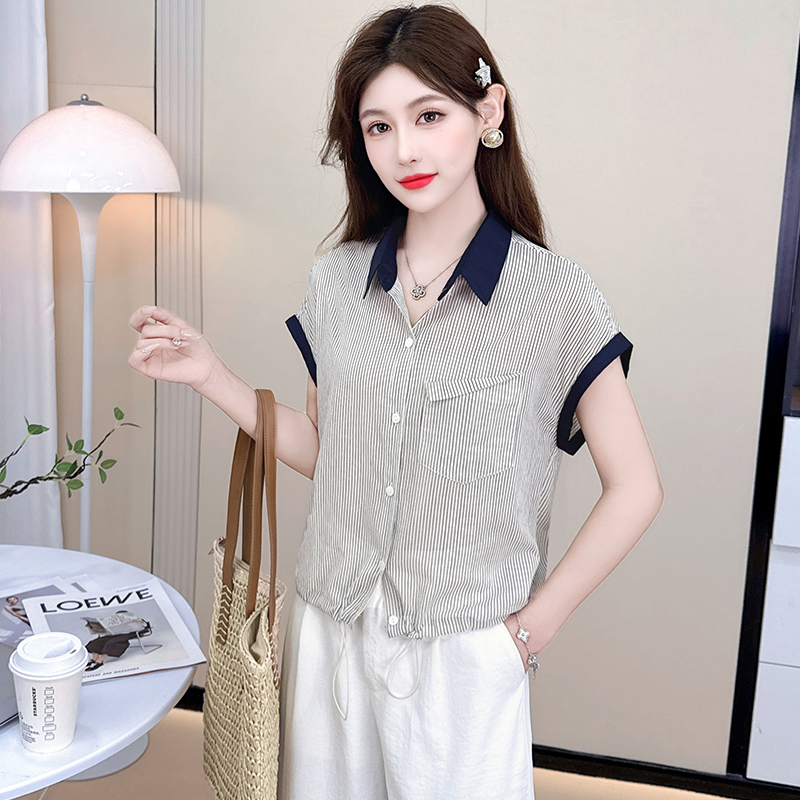 时尚休闲宽松洋气百搭减龄翻领衬衫女2025夏新款条纹显瘦气质衬衣