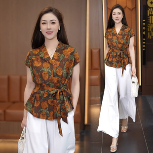 洋气质套装 衬衣阔腿裤 女夏季 V领印花绑带短袖 显瘦两件套 新款 时尚