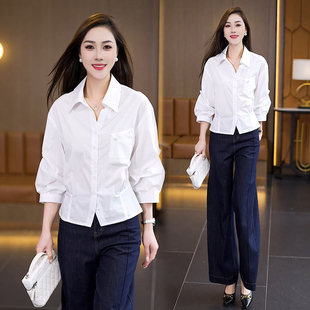 白色翻领中袖7分袖衬衫女春秋新款收腰洋气质高级感简约上衣衬衣