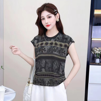 时尚洋气小鹿印花无袖衬衫女夏季新款宽松圆领设计感套头小衫衬衣