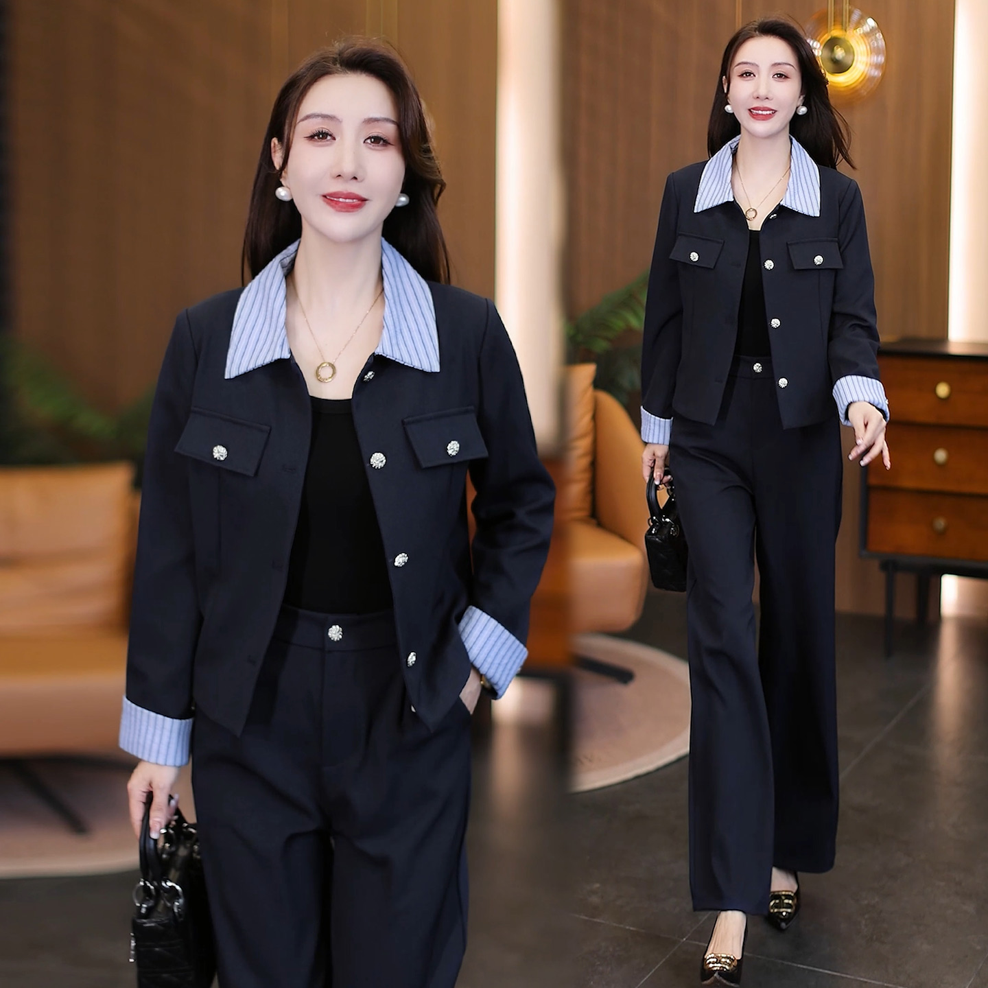 时尚洋气质西装套装女2025秋季新款条纹拼接阔腿裤职业休闲两件套