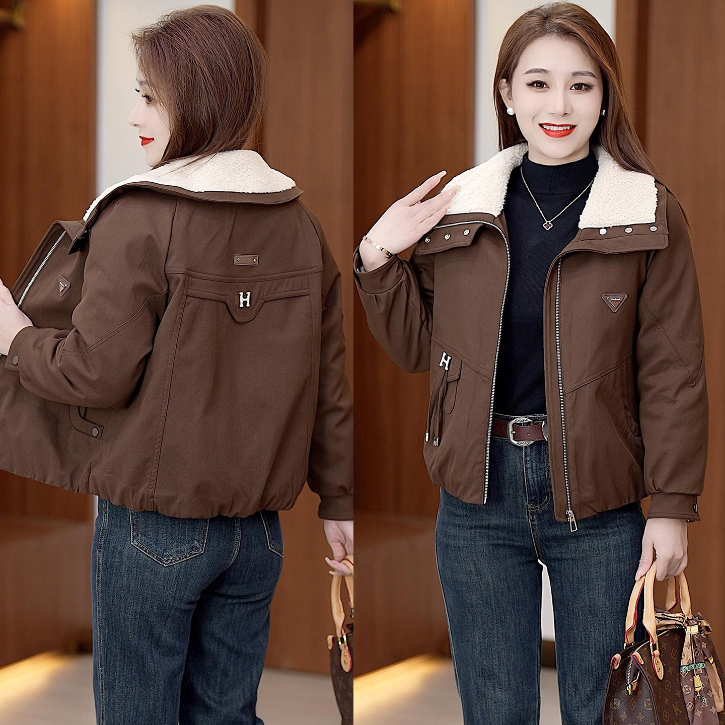 时尚休闲加绒加厚短款外套女冬季新款洋气韩版百搭减龄派克服上衣,女装/女士精品,短外套,淘宝优惠券,粉丝福利购,淘宝优惠卷