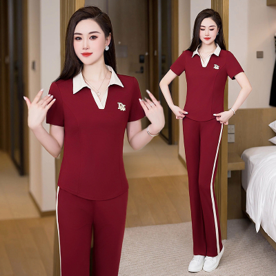 时尚休闲运动套装女2025翻领短袖直筒长裤时髦洋气减龄显瘦两件套