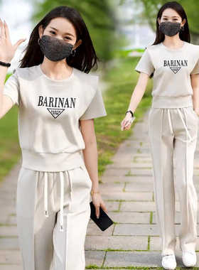 宽松休闲圆领短袖直筒裤两件套女2026夏季新款百搭减龄运动服套装