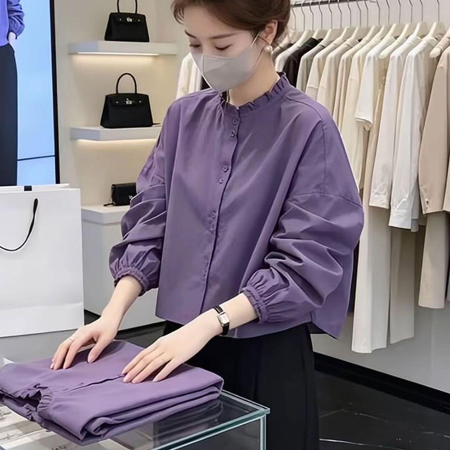 宽松休闲长袖衬衫女秋季新款时髦洋气质韩版显瘦短款紫色衬衣小衫