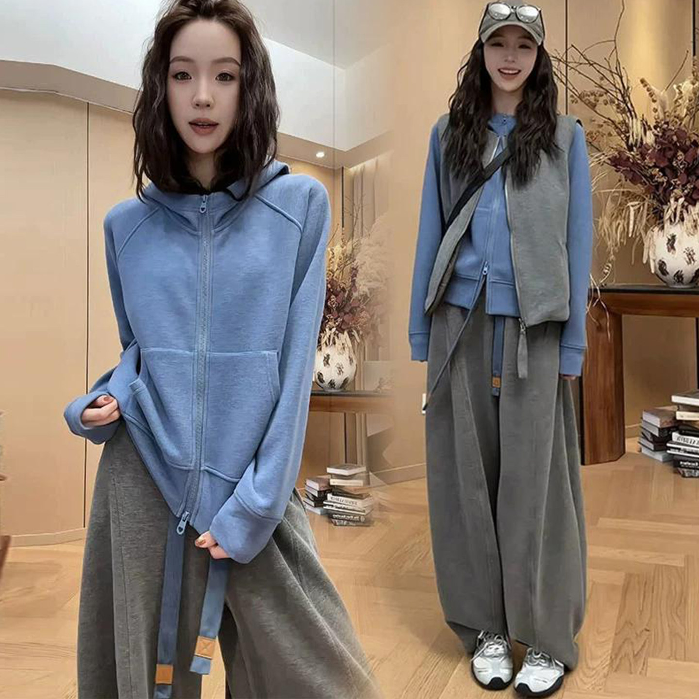 宽松休闲运动服套装女2026秋冬新款时尚连帽卫衣马甲阔腿裤三件套