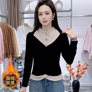 时尚法式假两件撞色打底衬衫女冬季新款加绒加厚洋气百搭内搭衬衣