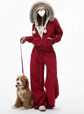 加厚加绒保暖连帽外套阔腿裤两件套女士冬季新款时尚洋气休闲套装