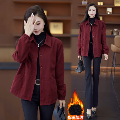 时尚休闲外套女秋冬新款加绒加厚保暖衬衣小个子百搭夹克开衫上衣