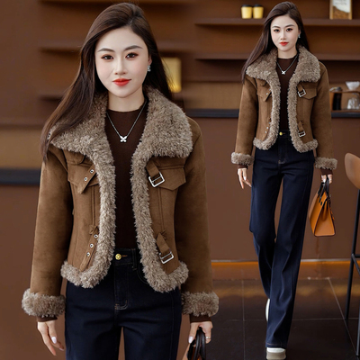 加绒加厚皮毛一体短款外套女士冬季新款时尚洋气小个子麂皮绒上衣