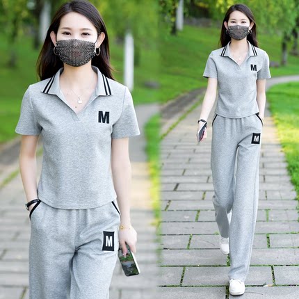2025夏季新款翻领短袖直筒长裤休闲运动套装女洋气减龄时尚两件套