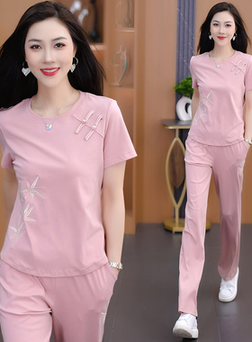 时尚短袖休闲运动套装女2026夏季新款国风设计感上衣直筒裤两件套