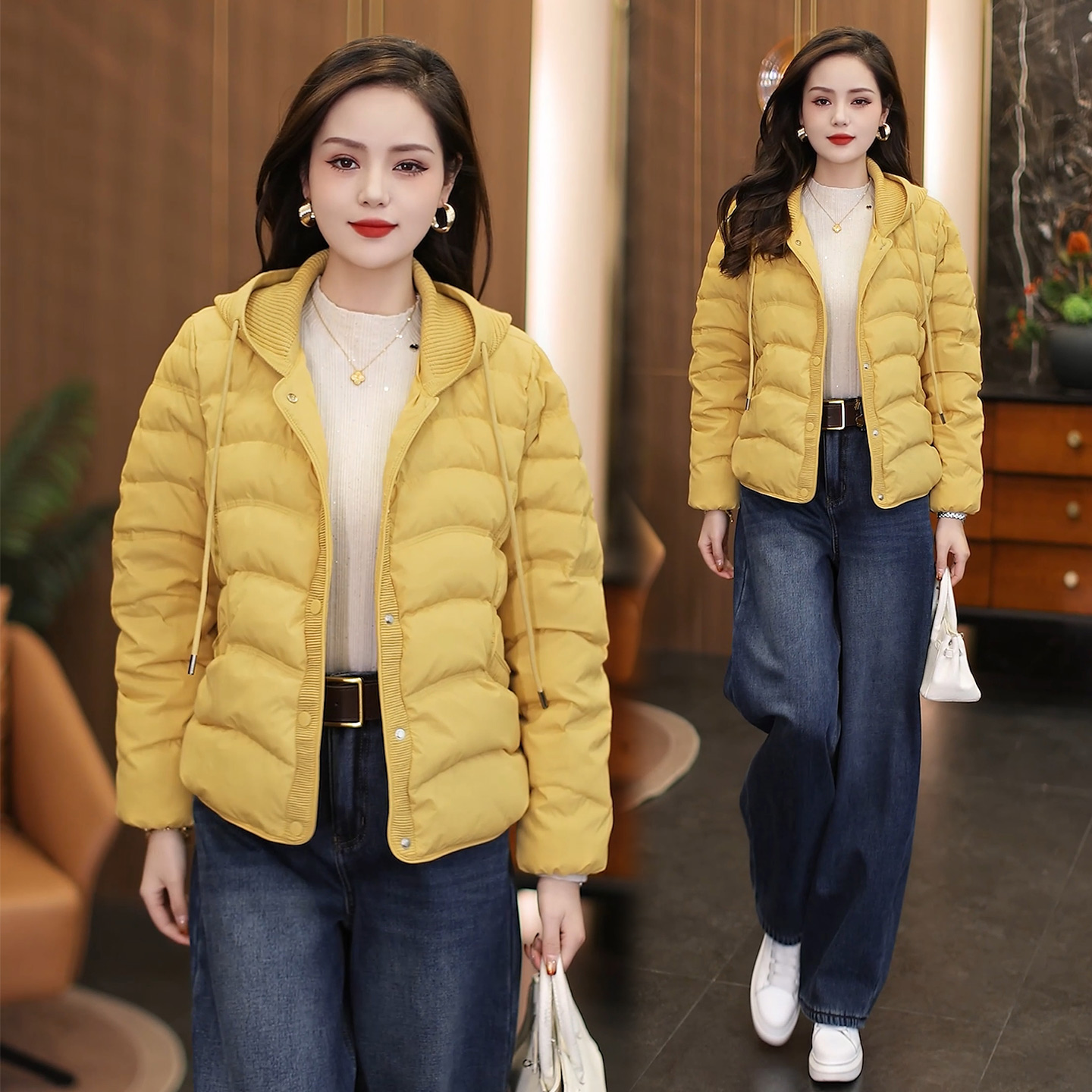 短款连帽棉服女冬季新款设计感洋气保暖显瘦外套纽扣连帽羽绒棉衣