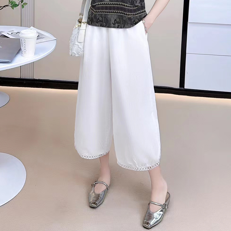 时尚镂空蕾丝花边阔腿裤女2025夏季新款宽松显瘦休闲百搭8分裤子