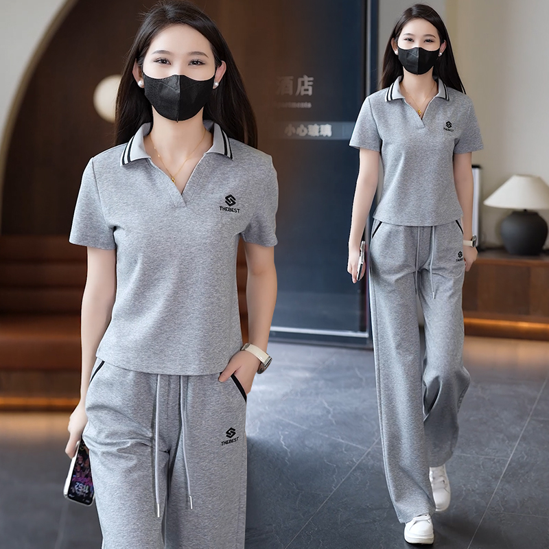 时尚休闲POLO领短袖T恤直筒裤两件套女士夏季新款宽松运动服套装